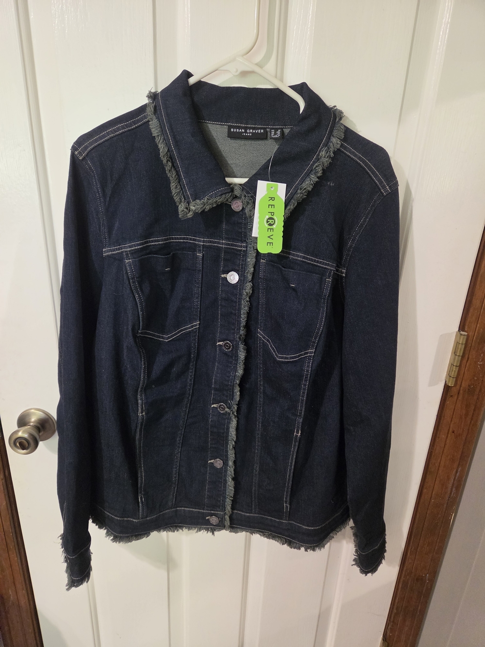 Susan Graver Dark Blue Frayed-Trim Denim Jacket